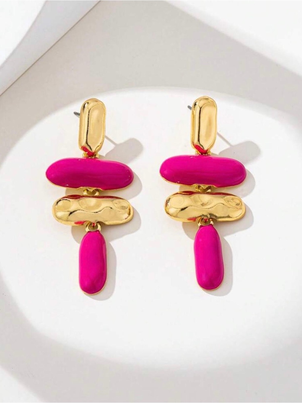 Gold-Tone Earrings with Bright Pink Enamel Accents - Picture 2 of 2
